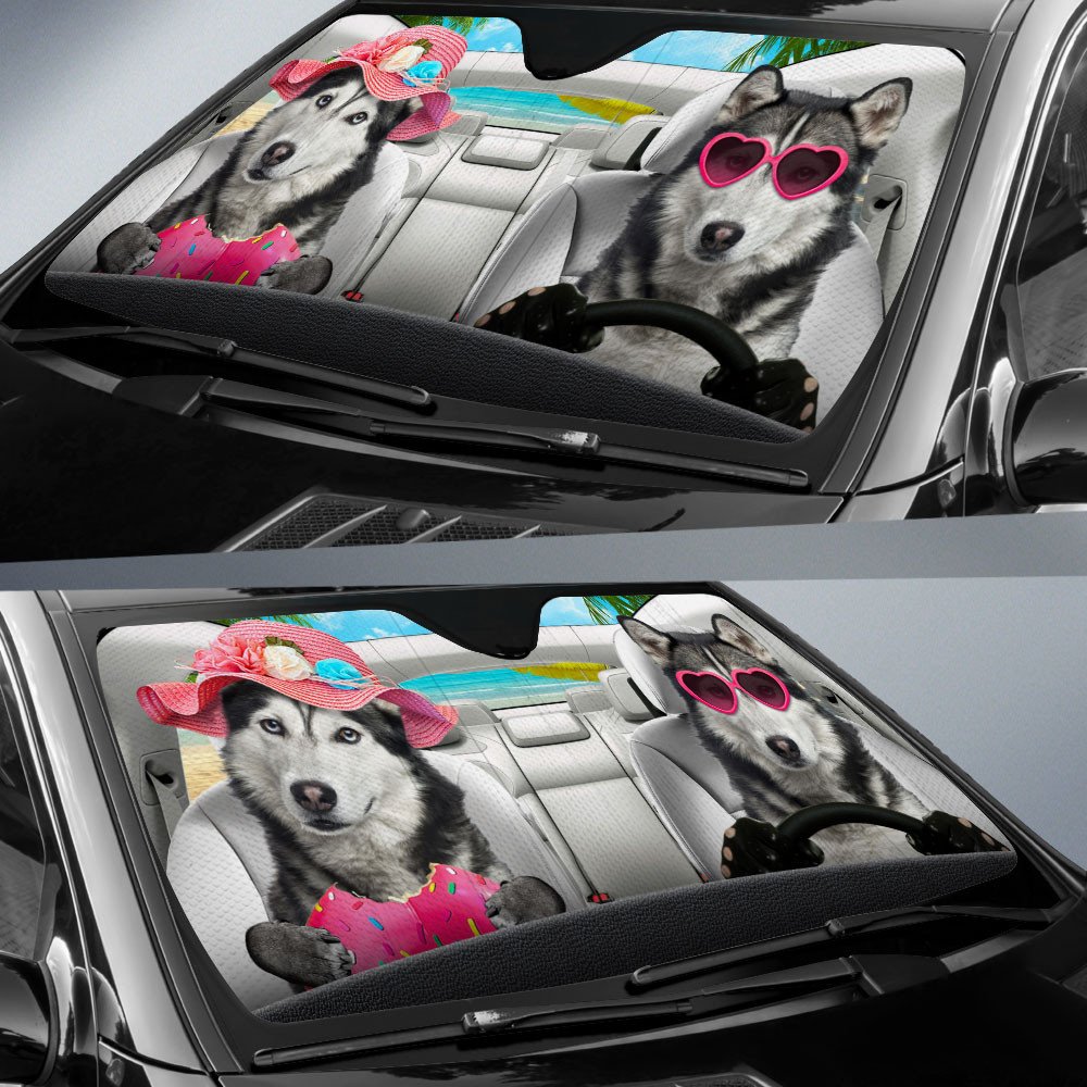 Siberian Husky-Dog Summer Vacation Couple Car Sun Shade Cover Auto Windshield