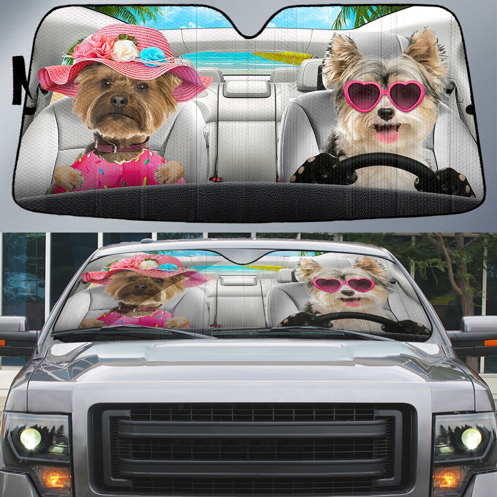 Yorkshire Terrier-Poo-Dog Summer Vacation Couple Car Sun Shade Cover Auto Windshield