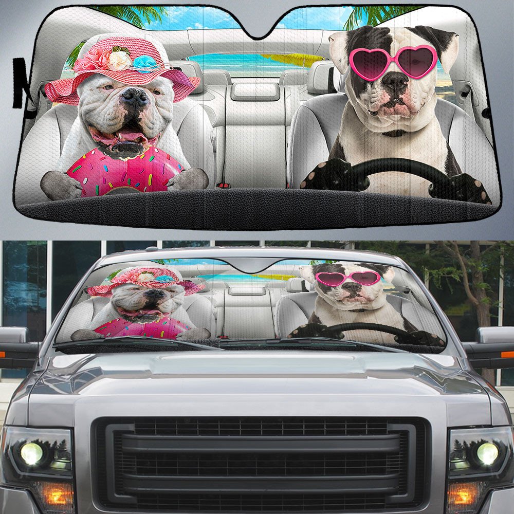 American Bulldog-Dog Summer Vacation Couple Car Sun Shade Cover Auto Windshield
