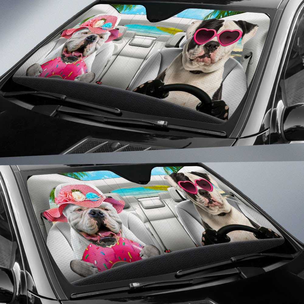 American Bulldog-Dog Summer Vacation Couple Car Sun Shade Cover Auto Windshield