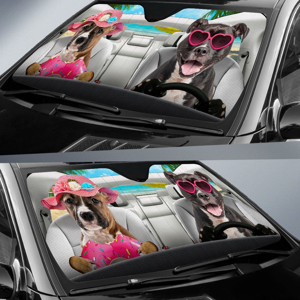 American Staffordshire Terrier-Dog Summer Vacation Couple Car Sun Shade Cover Auto Windshield