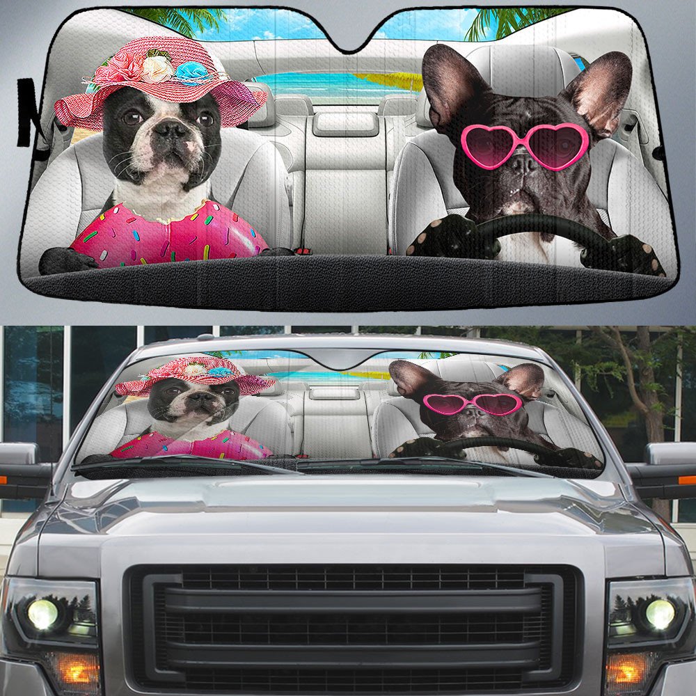 Boston Terrier-Dog Summer Vacation Couple Car Sun Shade Cover Auto Windshield
