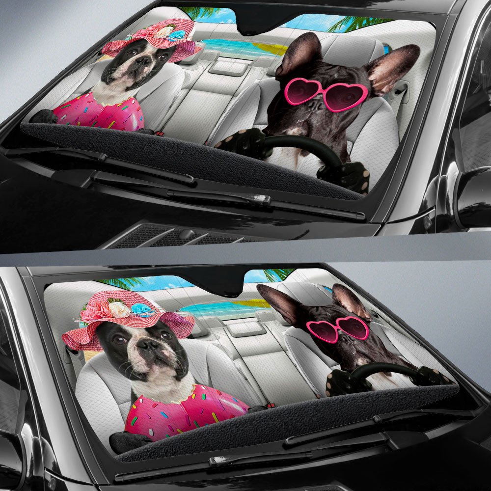 Boston Terrier-Dog Summer Vacation Couple Car Sun Shade Cover Auto Windshield
