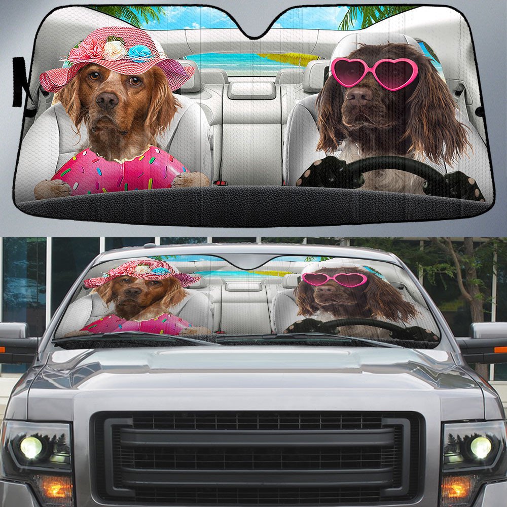 Brittany-Dog Summer Vacation Couple Car Sun Shade Cover Auto Windshield