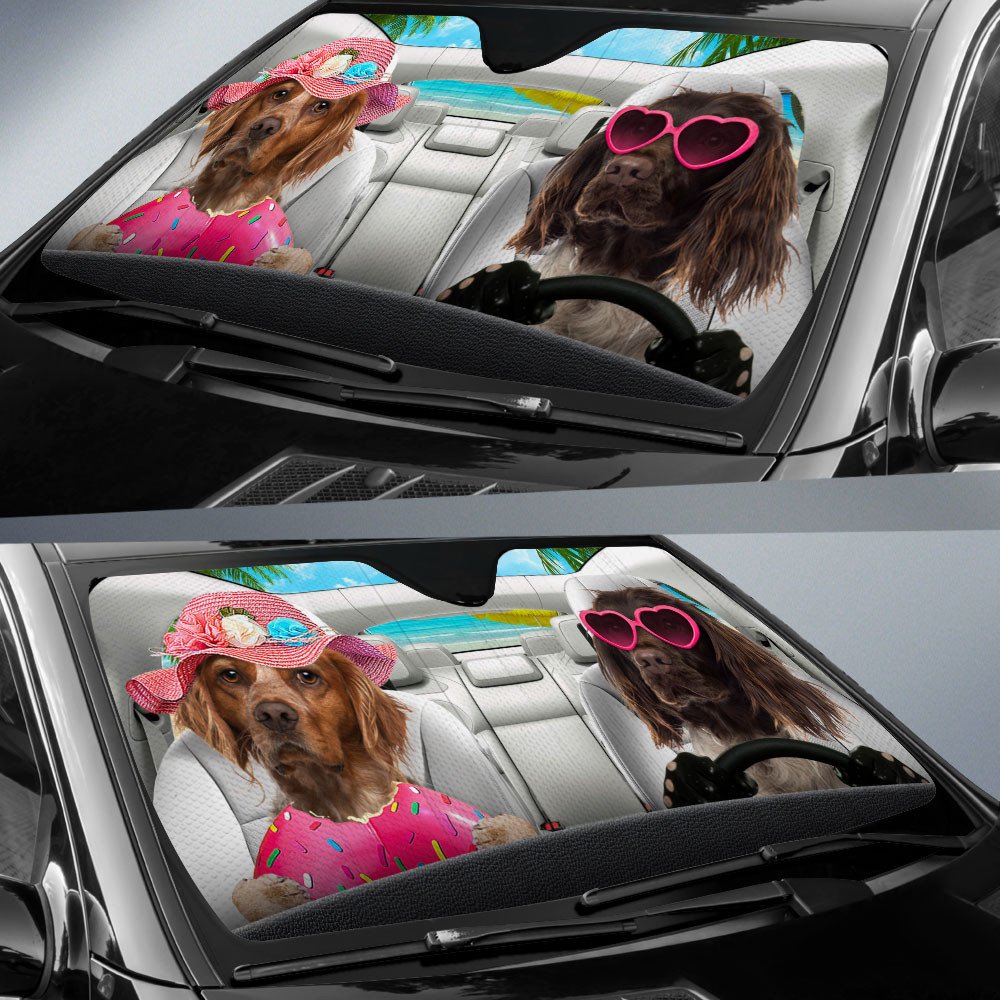 Brittany-Dog Summer Vacation Couple Car Sun Shade Cover Auto Windshield