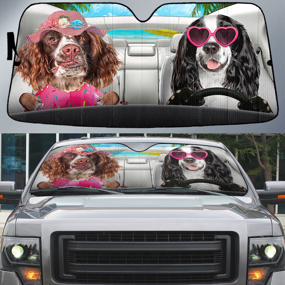 English Springer Spaniel-Dog Summer Vacation Couple Car Sun Shade Cover Auto Windshield