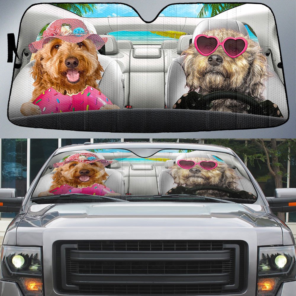 Goldendoodle-Dog Summer Vacation Couple Car Sun Shade Cover Auto Windshield