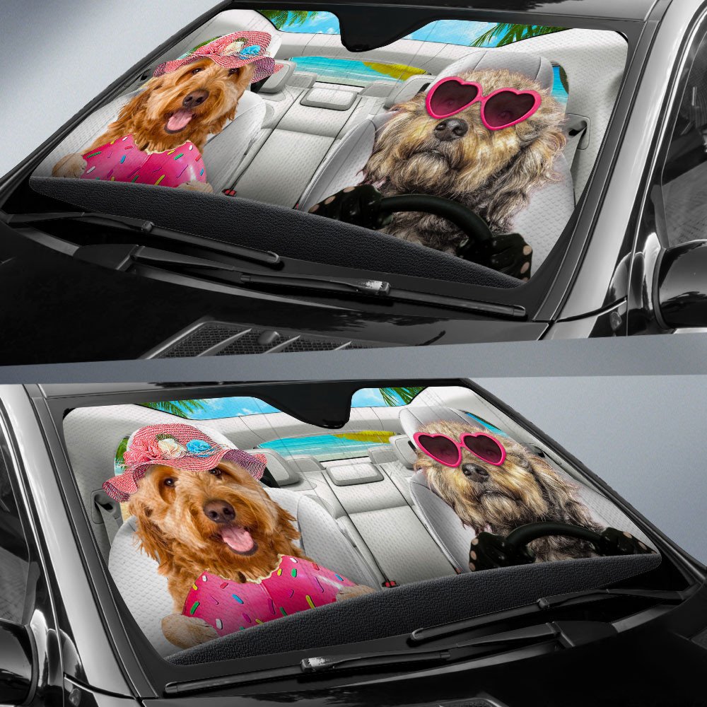 Goldendoodle-Dog Summer Vacation Couple Car Sun Shade Cover Auto Windshield