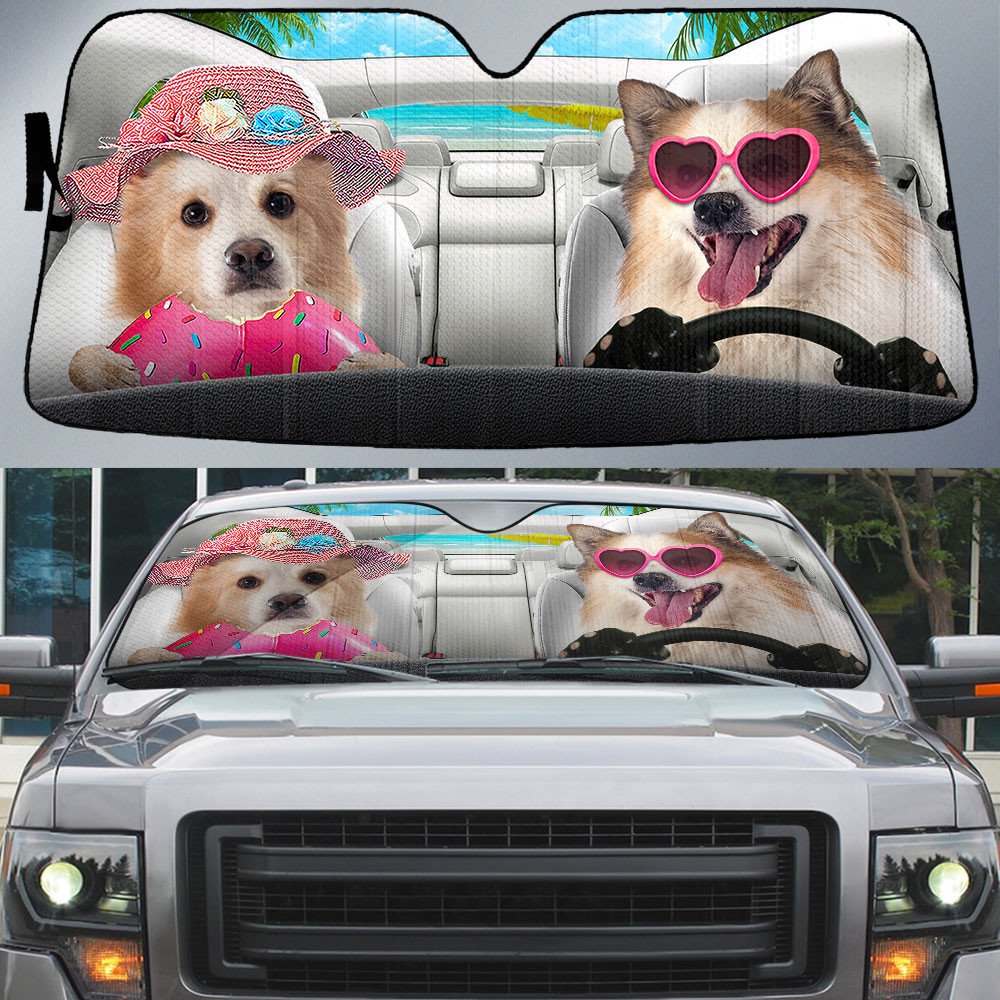 Icelandic Sheepdog-Dog Summer Vacation Couple Car Sun Shade Cover Auto Windshield