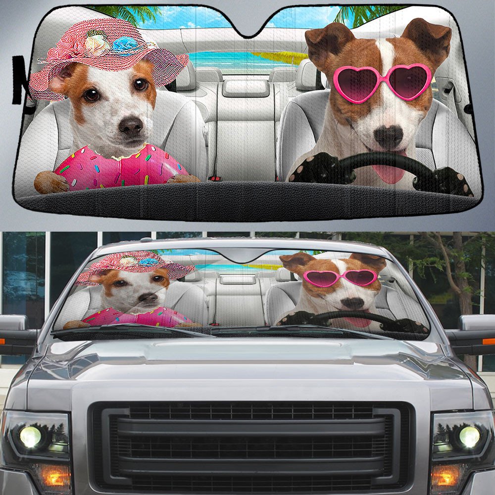 Jack Russell Terrier-Dog Summer Vacation Couple Car Sun Shade Cover Auto Windshield
