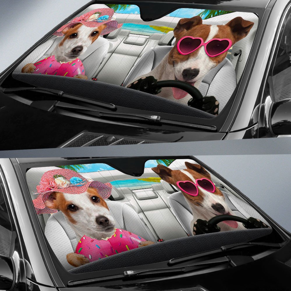 Jack Russell Terrier-Dog Summer Vacation Couple Car Sun Shade Cover Auto Windshield