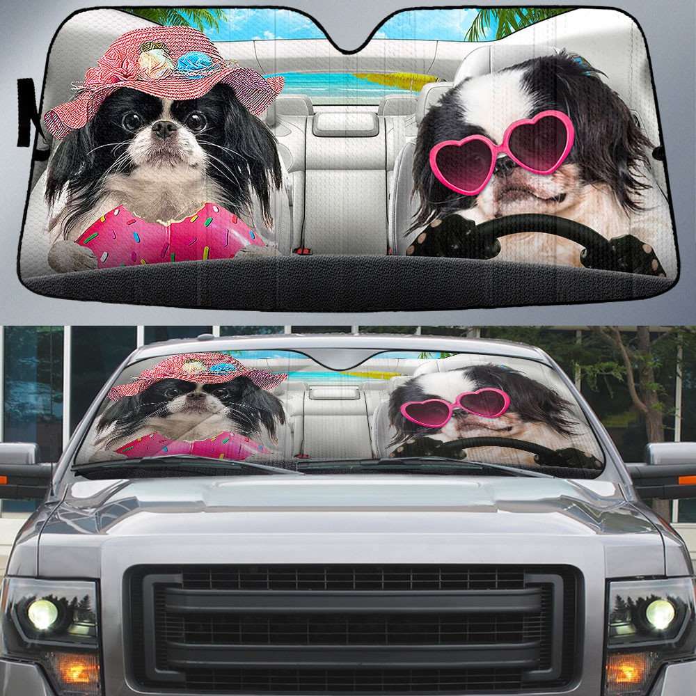 Japanese Chin-Dog Summer Vacation Couple Car Sun Shade Cover Auto Windshield