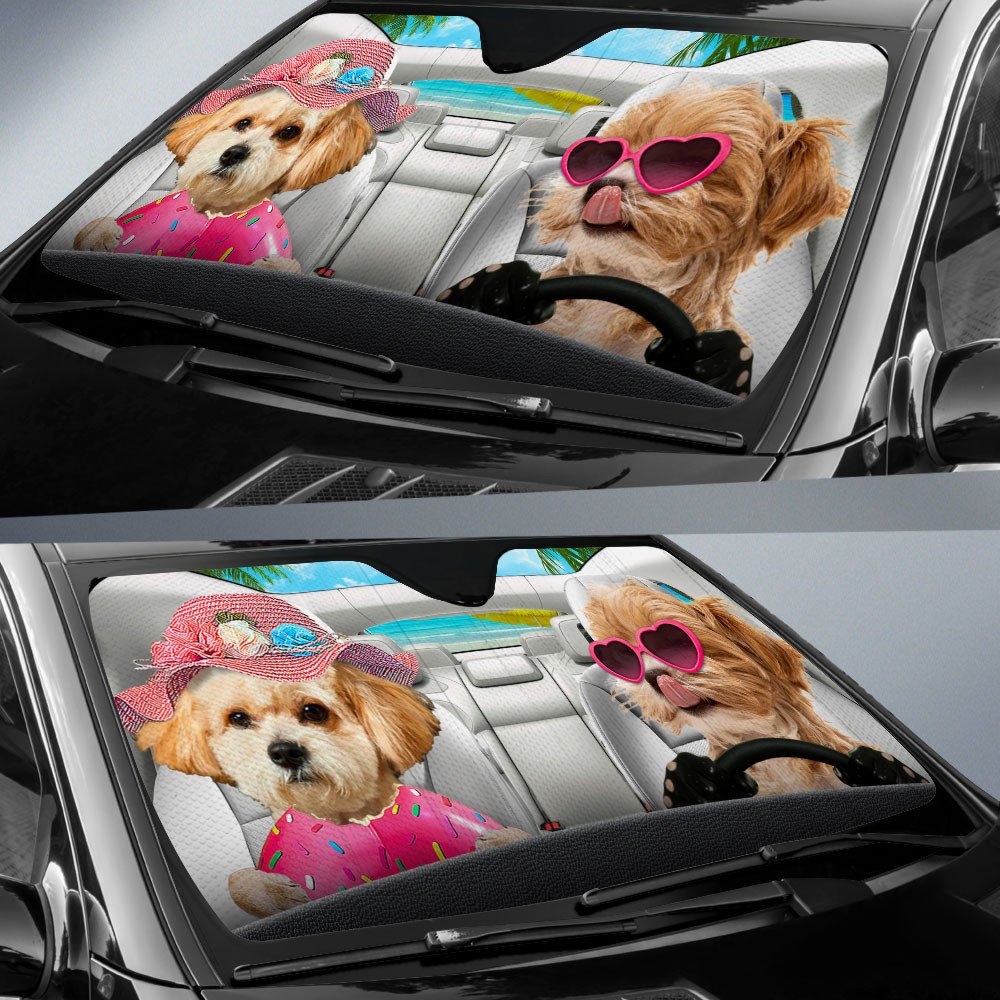 Maltipoo-Dog Summer Vacation Couple Car Sun Shade Cover Auto Windshield