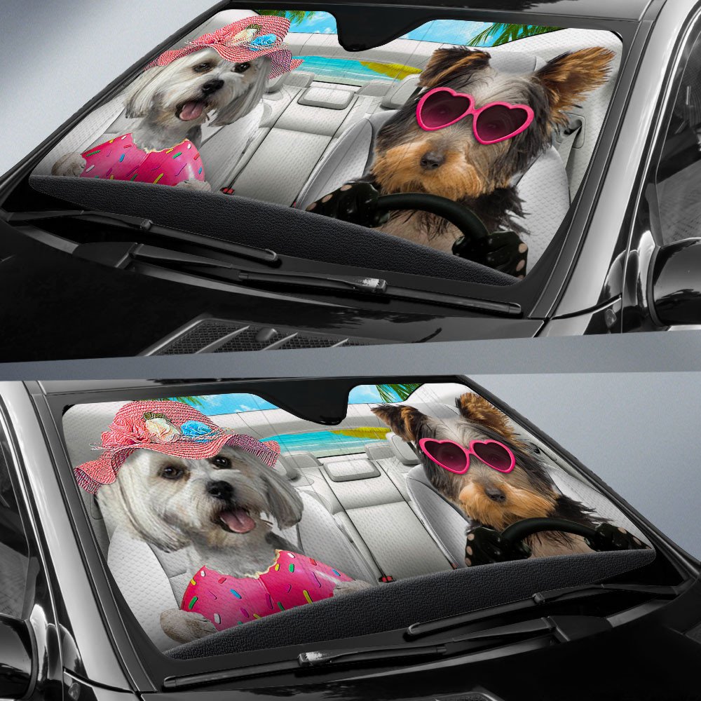 Morkie-Dog Summer Vacation Couple Car Sun Shade Cover Auto Windshield