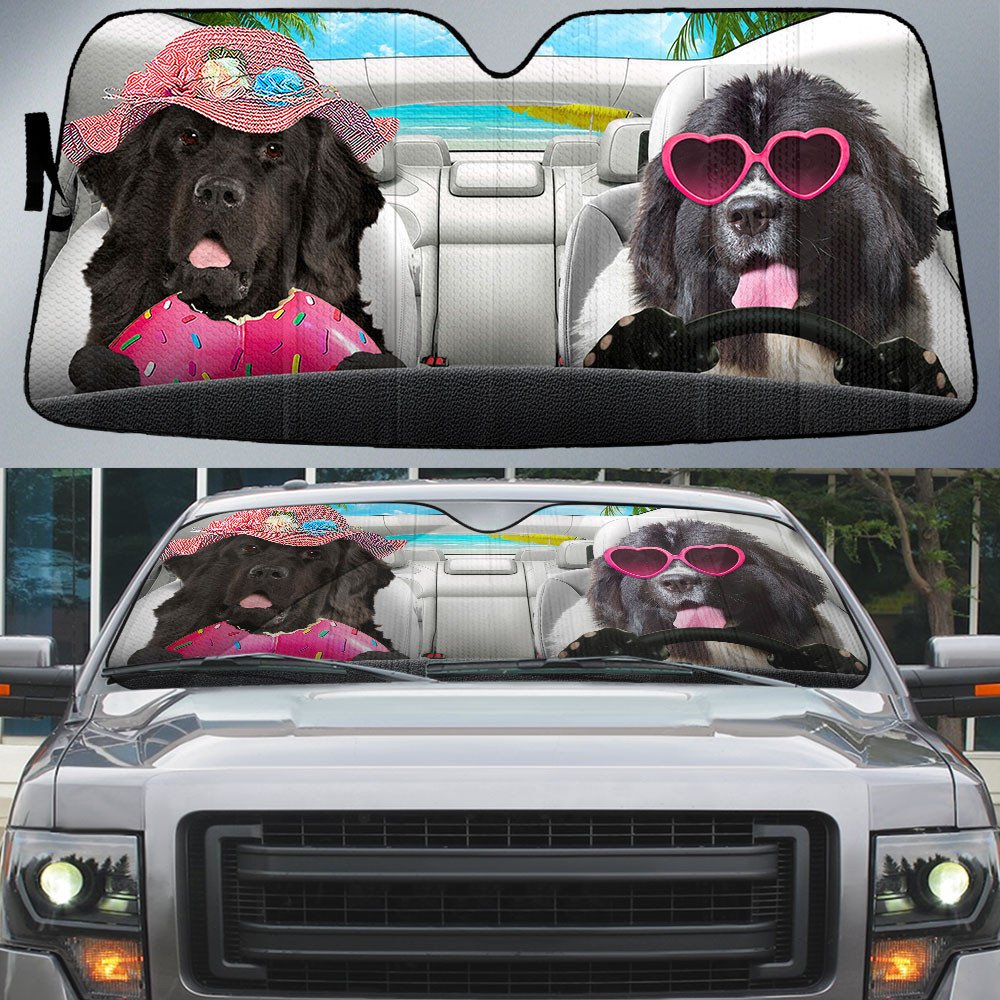 Newfoundland-Dog Summer Vacation Couple Car Sun Shade Cover Auto Windshield