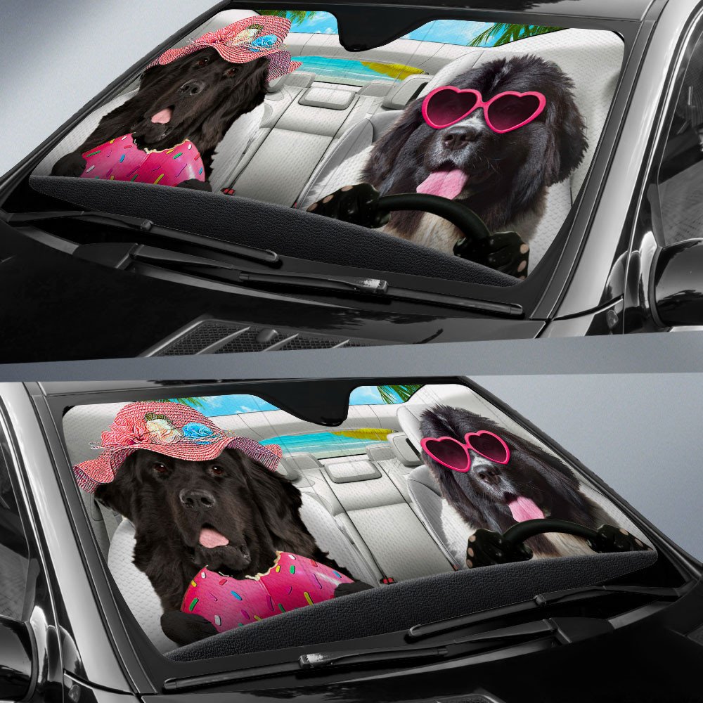 Newfoundland-Dog Summer Vacation Couple Car Sun Shade Cover Auto Windshield