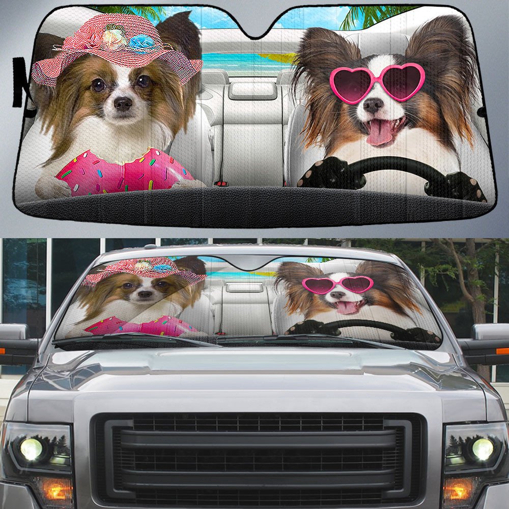 Papillon-Dog Summer Vacation Couple Car Sun Shade Cover Auto Windshield