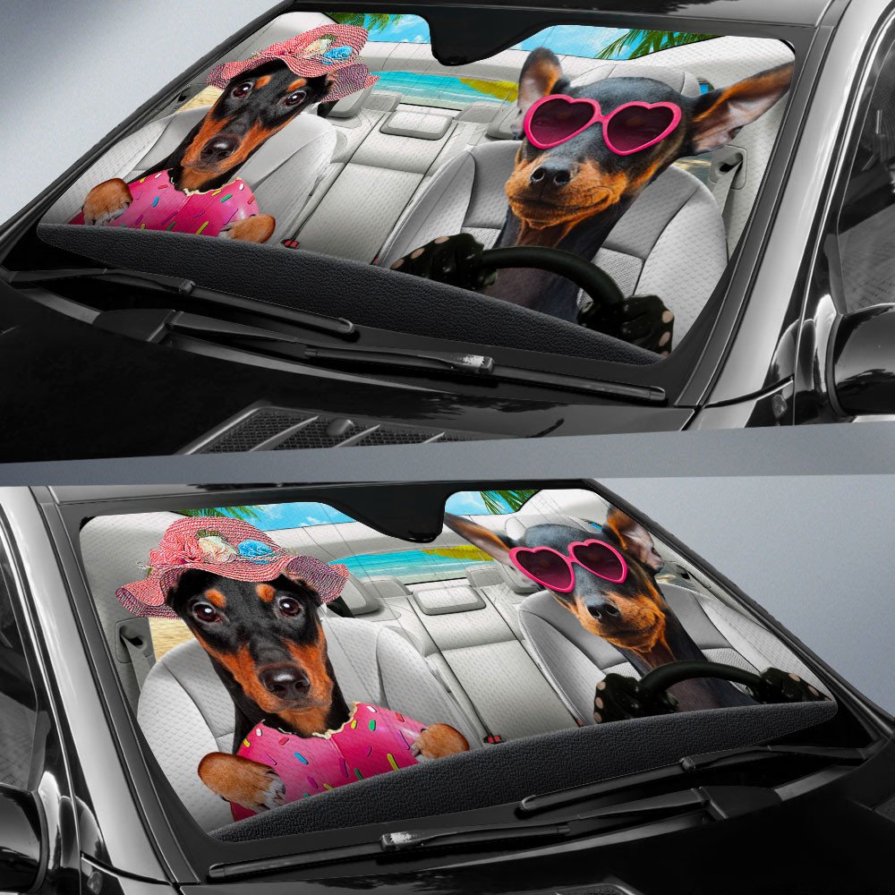 Pinscher-Dog Summer Vacation Couple Car Sun Shade Cover Auto Windshield