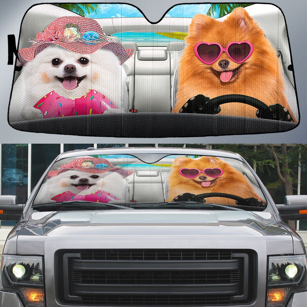 Pomeranian-Dog Summer Vacation Couple Car Sun Shade Cover Auto Windshield