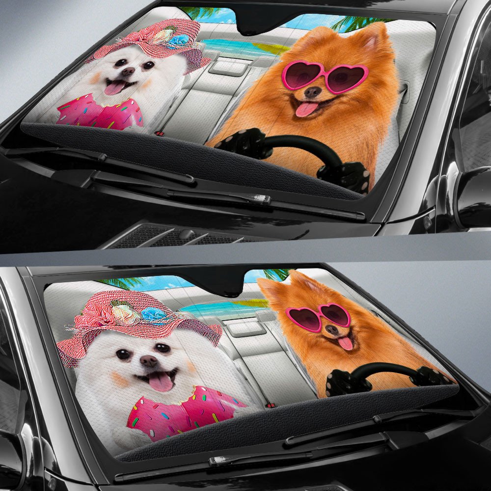 Pomeranian-Dog Summer Vacation Couple Car Sun Shade Cover Auto Windshield