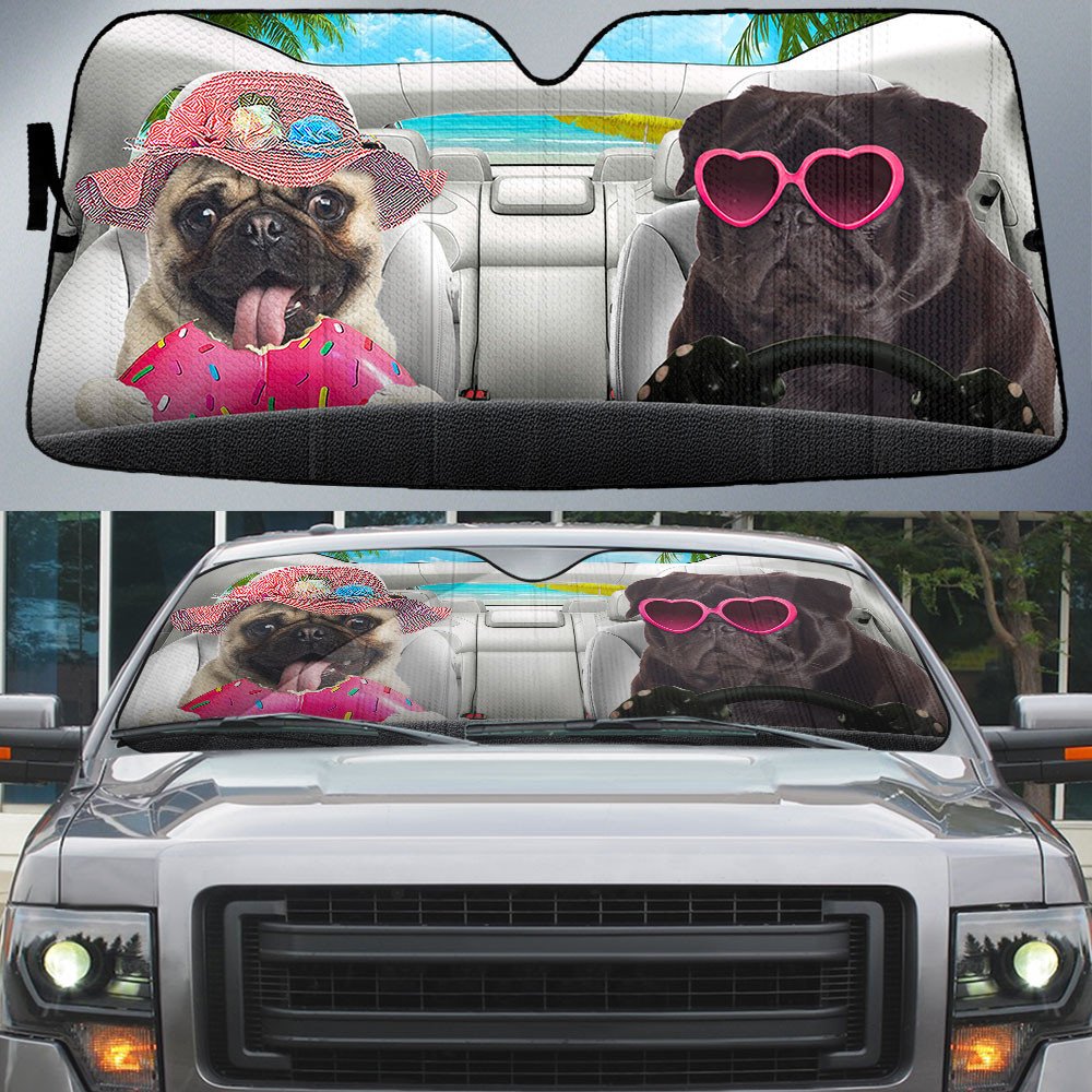 Pug-Dog Summer Vacation Couple Car Sun Shade Cover Auto Windshield
