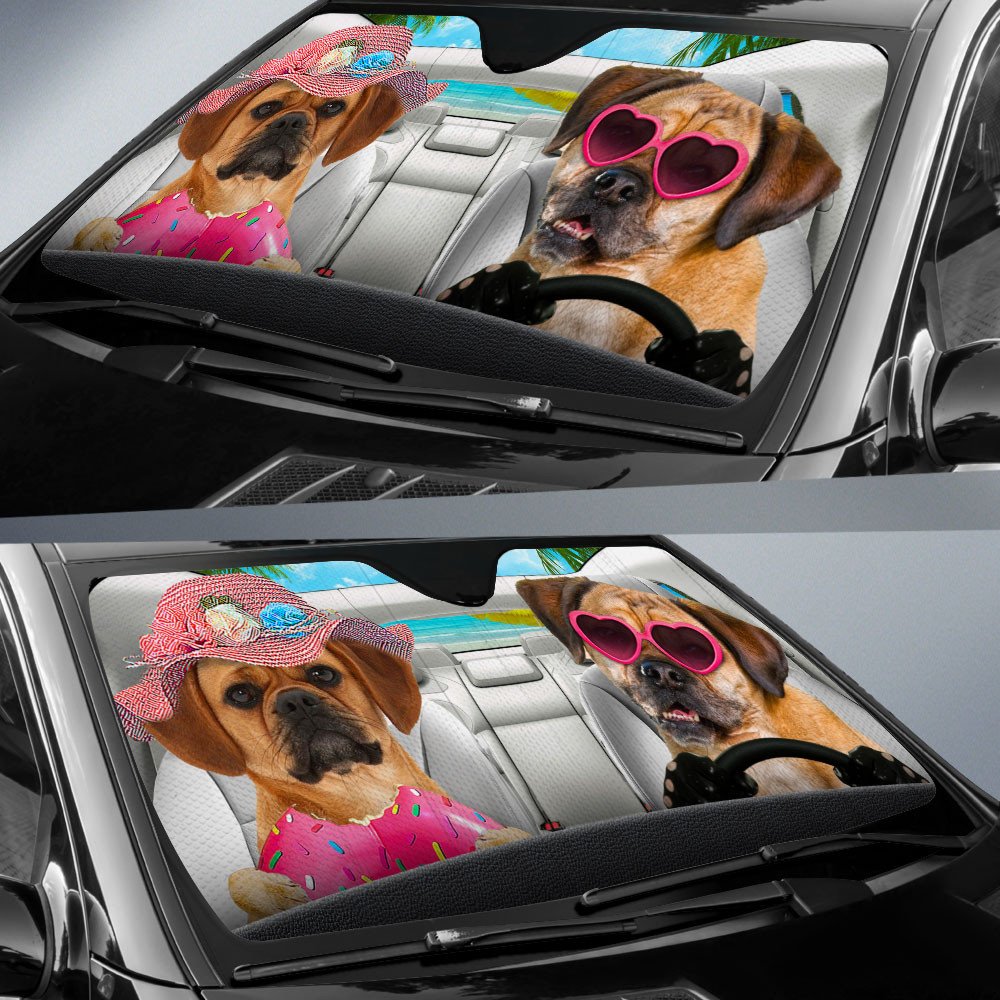 Puggles-Dog Summer Vacation Couple Car Sun Shade Cover Auto Windshield