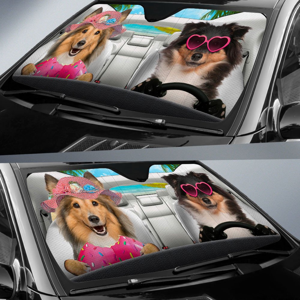 Shetland Sheepdog-Dog Summer Vacation Couple Car Sun Shade Cover Auto Windshield