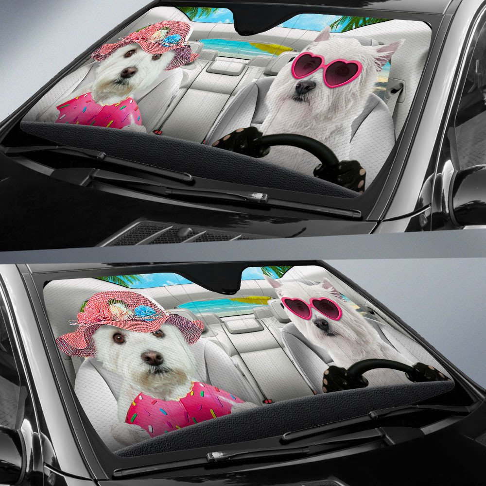 West Highland White Terrier-Dog Summer Vacation Couple Car Sun Shade Cover Auto Windshield