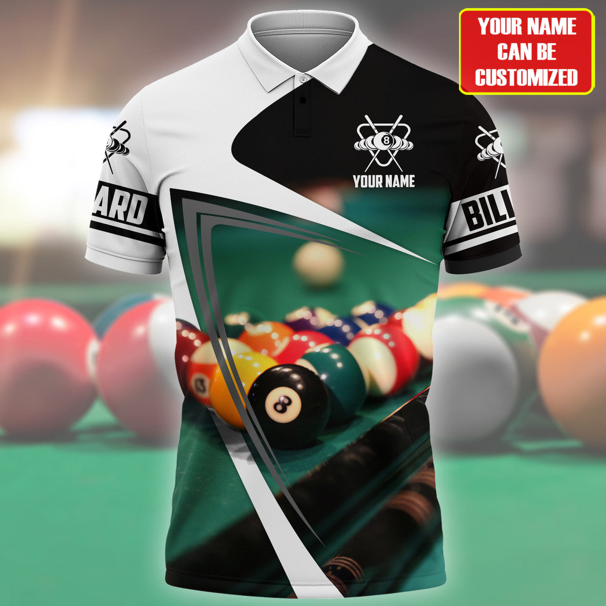 Personalized Name Black and White Pool Billiard Polo Shirt/ Billiard Apparel Shirt
