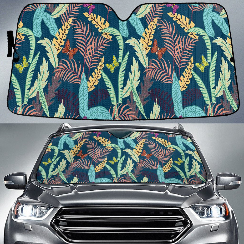 Chromatic Tropical Leaves Over Butterflies Charcoal Theme Car Sun Shades Cover Auto Windshield Coolspod