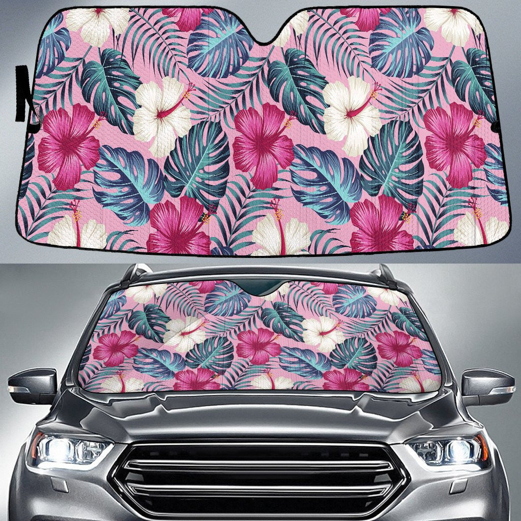 White And Pinky Chinese Hibiscus Flower Under Monstera Leaf Pink Theme Car Sun Shades Cover Auto Windshield Coolspod