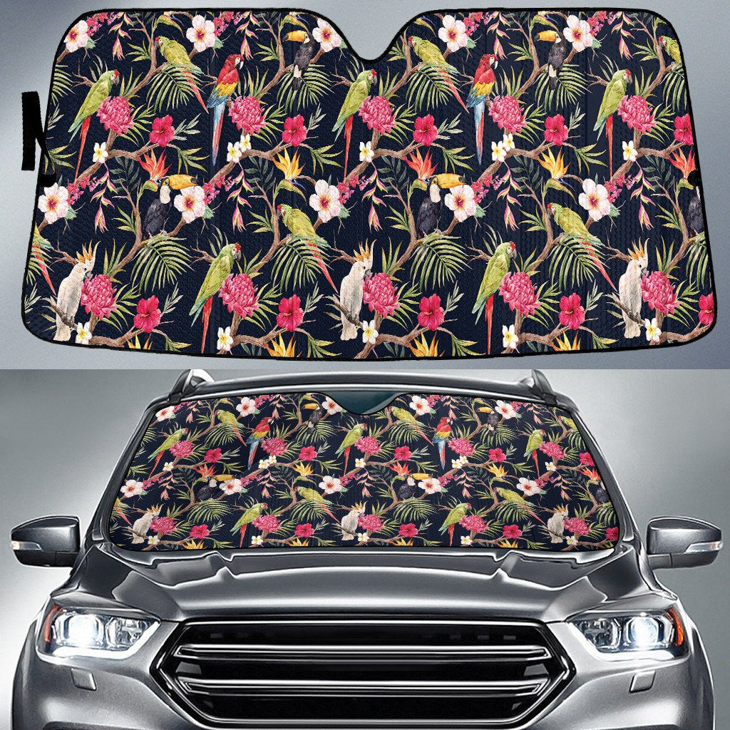 Intelligent Parrots And Bird Of Paradise Flower Black Theme Car Sun Shades Cover Auto Windshield Coolspod