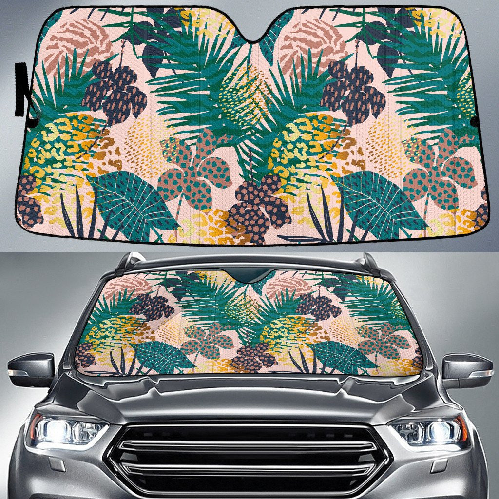 Dot Pattern Chinese Hibiscus Flower And Monstera Palm Leaves Car Sun Shades Cover Auto Windshield Coolspod