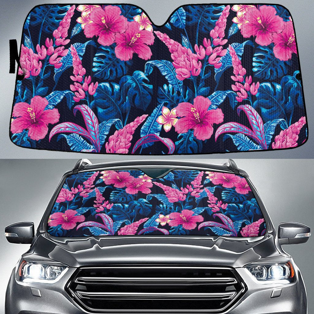Pinky Hibiscus And Jewel Pagoda Ginger Flower Blue Theme Car Sun Shades Cover Auto Windshield Coolspod