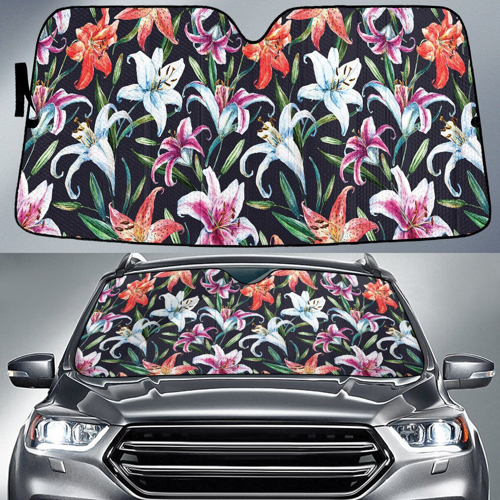 Multicolored Lilies Flower Black All Over Print Car Sun Shades Cover Auto Windshield Coolspod