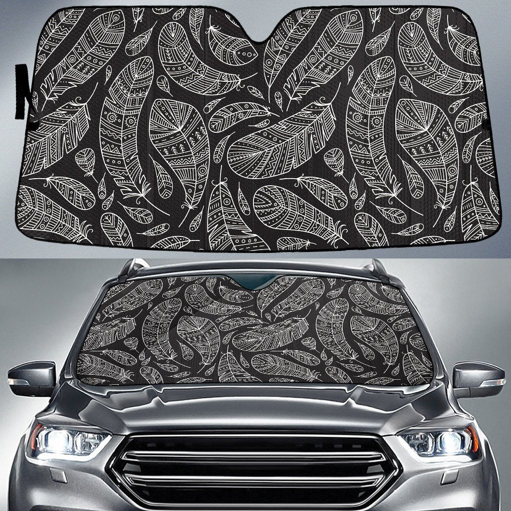 Black And White Peacock Feather Tribal Pattern Han Drawing Style Car Sun Shades Cover Auto Winshield Coolspod