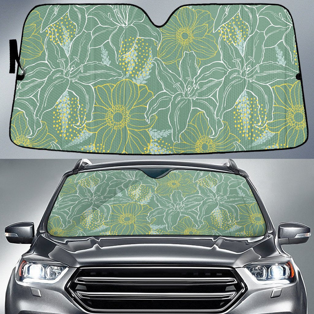 Green Chinese Hibiscus Flower Yellow Line Summer Vibe Car Sun Shades Cover Auto Windshield Coolspod