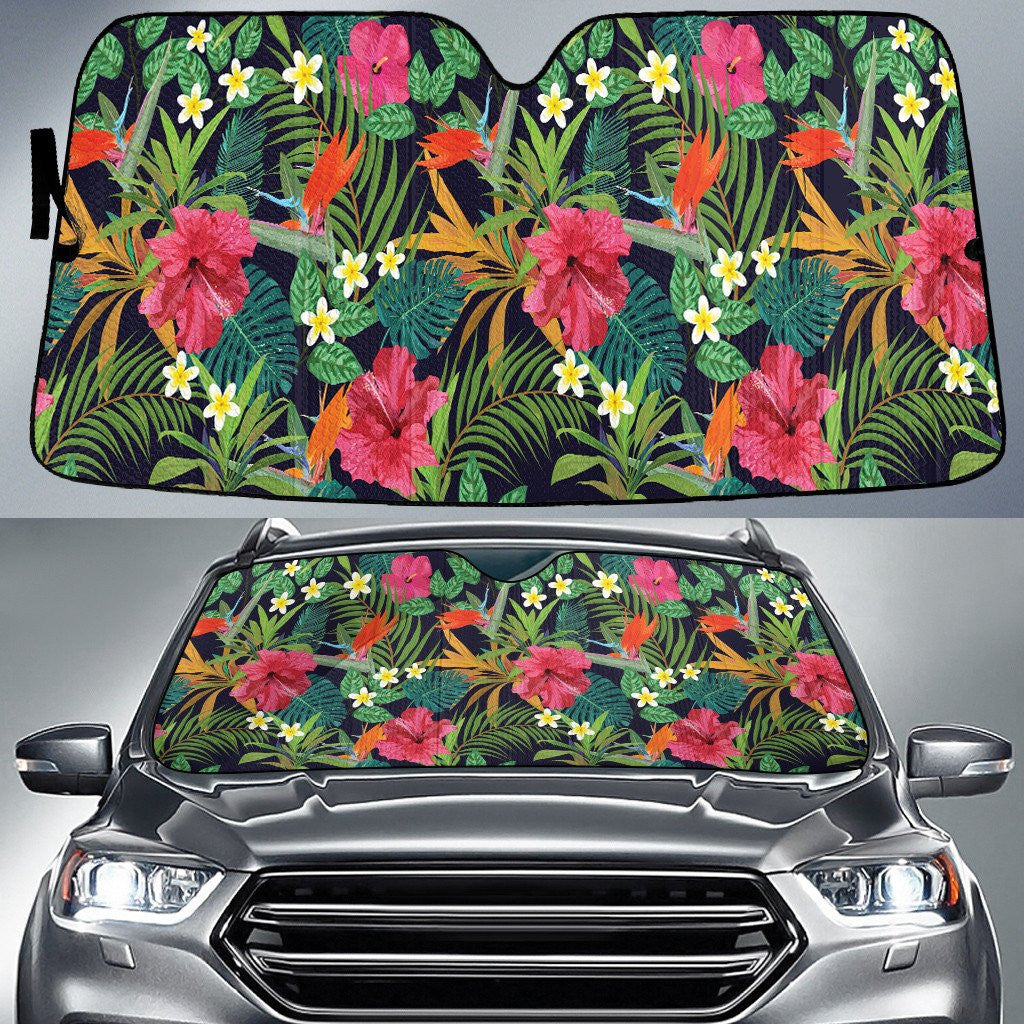White Plumeria And Red Hawaiian Hibiscus Flower Over Tropical Leaves Car Sun Shades Cover Auto Windshield Coolspod
