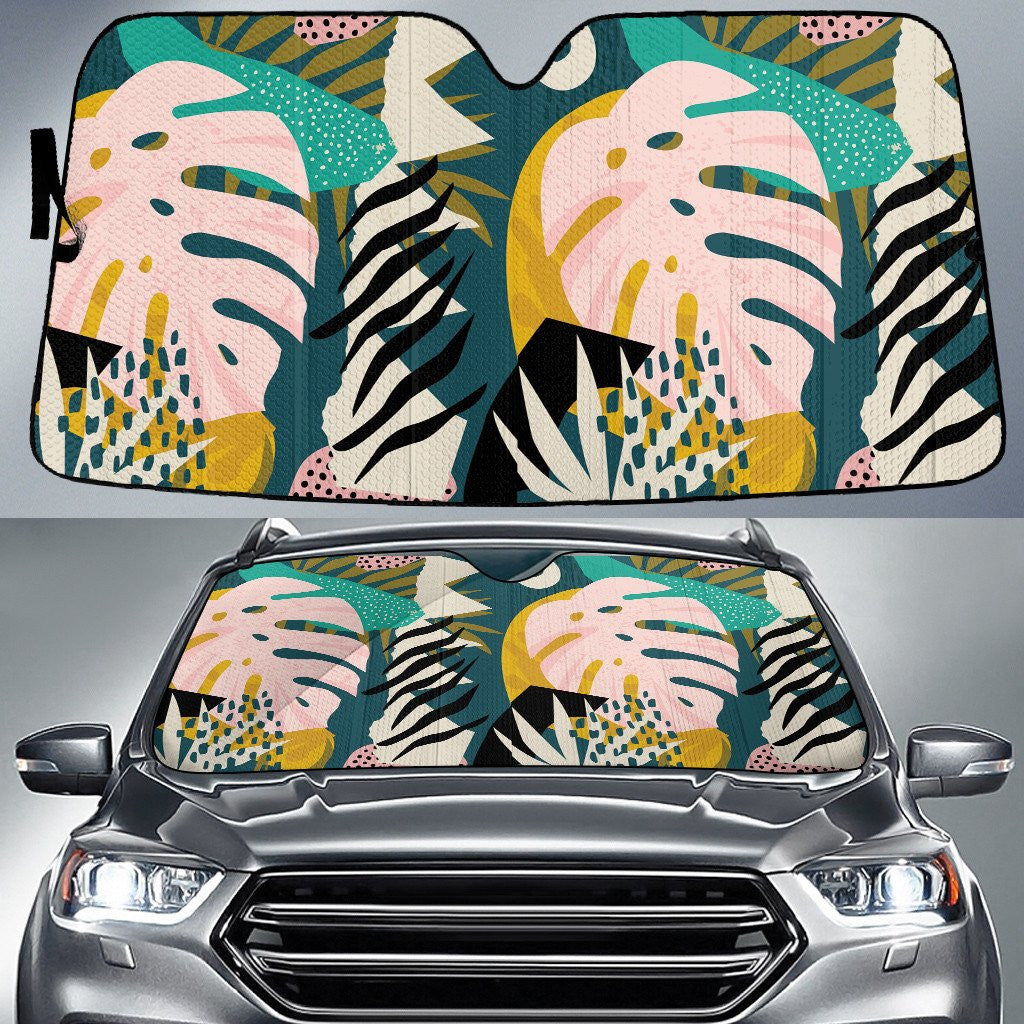 Stylized Monstera Tropical Leave Hand Drawing Style Car Sun Shades Cover Auto Windshield Coolspod
