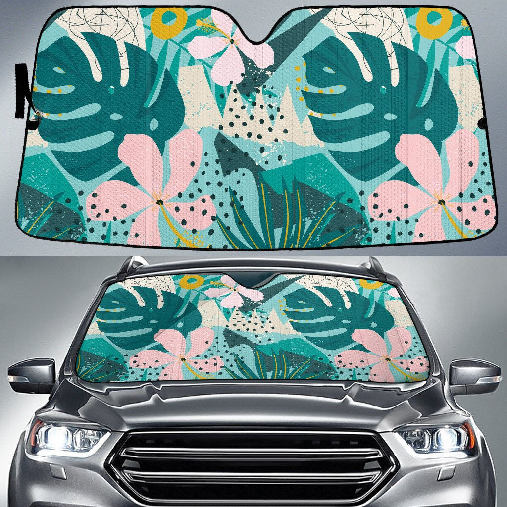 Pinky Hawaiian Hibiscus Flower Coconut Palm Leave Multicolor Theme Car Sun Shades Cover Auto Windshield Coolspod