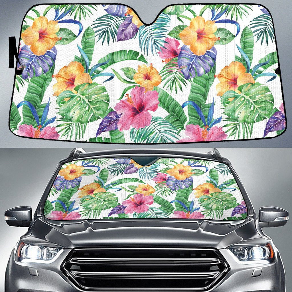Yellow And Pink Hawaiian Flower Tropical Palm Leaf White Car Sun Shades Cover Auto Windshield Coolspod