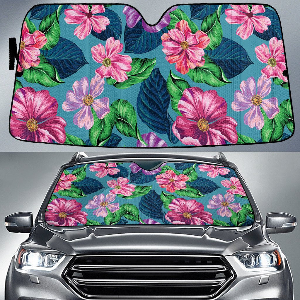 Dry Purple And Pink Chinese Hibiscus Flower Green Leaf Pattern Car Sun Shades Cover Auto Windshield Coolspod