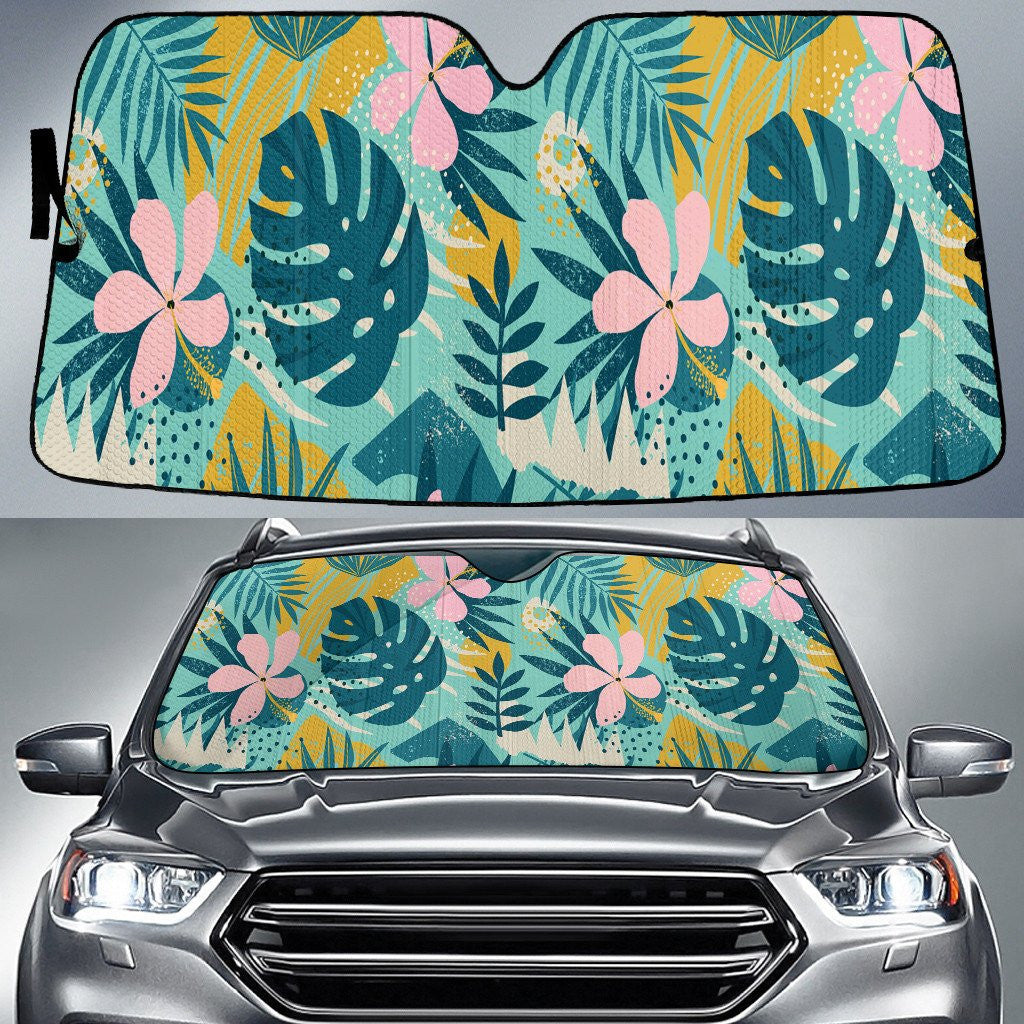Pinky Chinese Hibiscus Flower Coconut Palm Leave Multicolor Theme Car Sun Shades Cover Auto Windshield Coolspod
