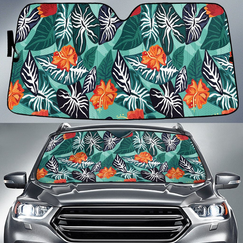 Red Hawaiian Hibiscus Flower And Black Elephant Ears Leaf Green Car Sun Shades Cover Auto Windshield Coolspod
