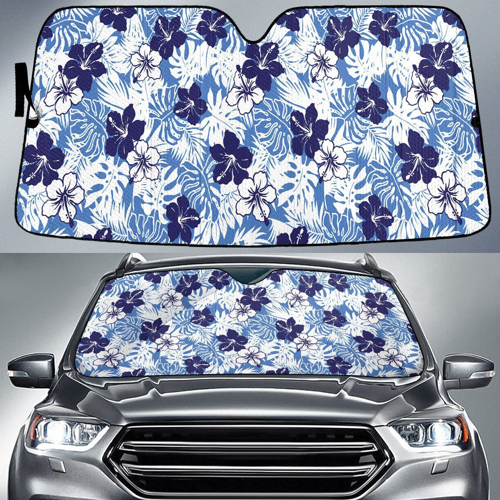 White And Blue Hawaiian Hibiscus Flower Monster Tropical Leaf Car Sun Shades Cover Auto Windshield Coolspod