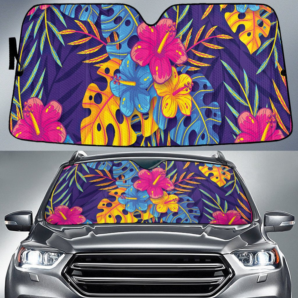 Torn Monstera Leaves And Hibiscus Flower Purple Theme Car Sun Shades Cover Auto Windshield Coolspod