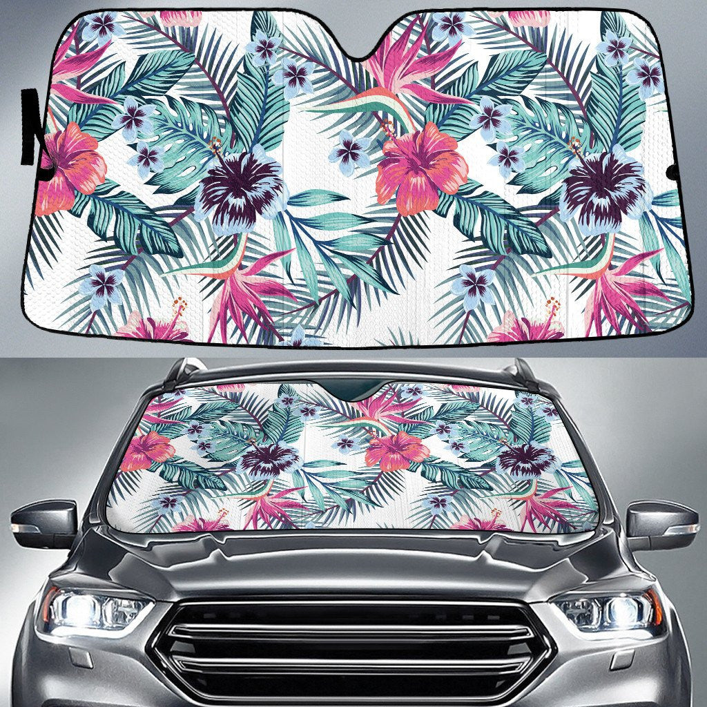 Pinky Hawaiian Hibiscus Flower And Bird Of Paradise Palm Leave White Car Sun Shades Cover Auto Windshield Coolspod