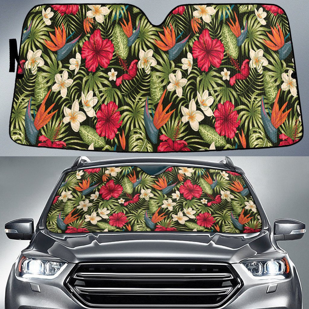 Red Hibiscus White Plumeria Bird Of Paradise Green Tropical Leaves Car Sun Shades Cover Auto Windshield Coolspod