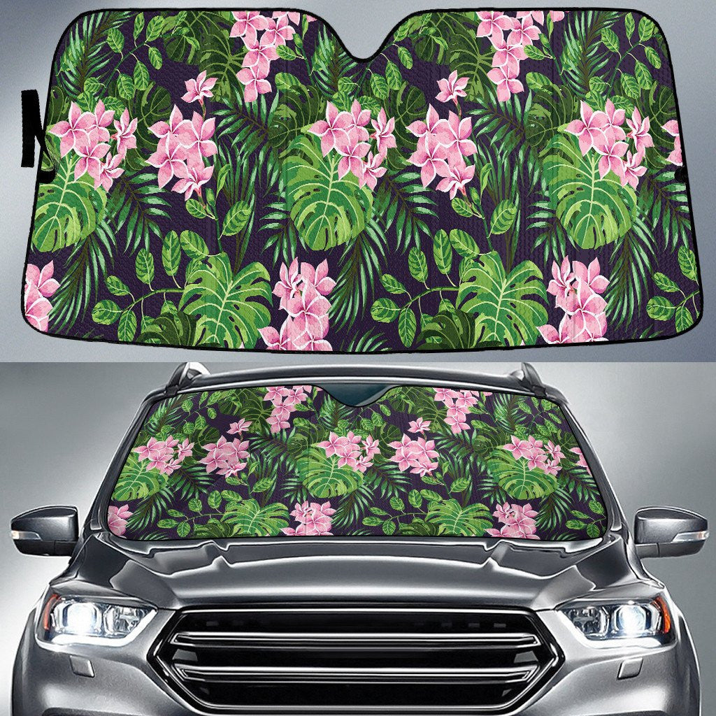 Pinky Tropical Plumeria Flower Over Green Leaves Pattern Car Sun Shades Cover Auto Windshield Coolspod