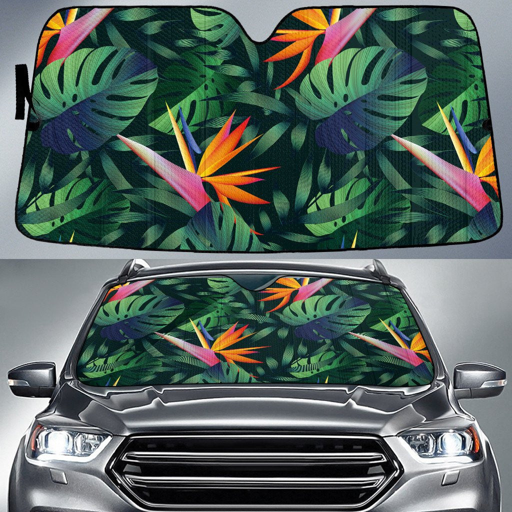 Beautiful Bird Of Paradise Flower Over Monstera Leaf Car Sun Shades Cover Auto Windshield Coolspod